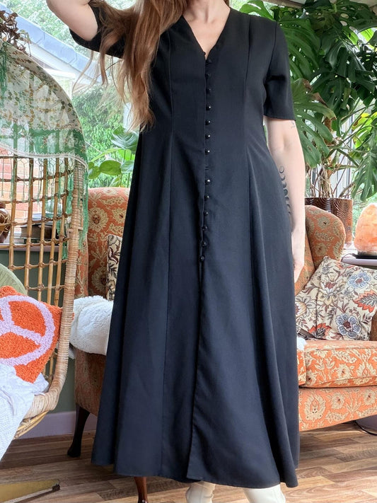 Vintage 1990s Summer Dress Black Midi Dress with Button Front Detail Size 14