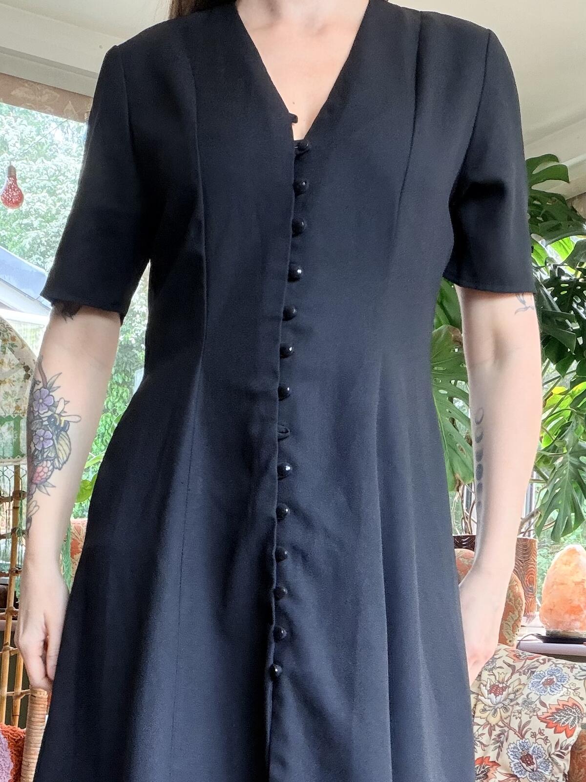 Vintage 1990s Summer Dress Black Midi Dress with Button Front Detail Size 14