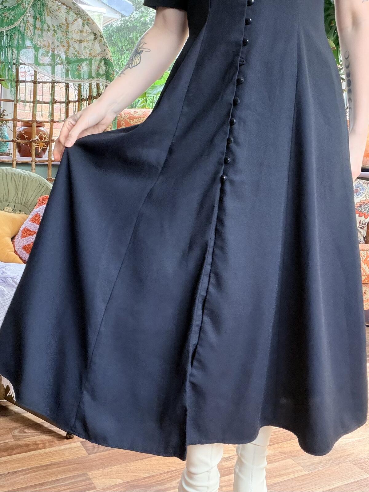 Vintage 1990s Summer Dress Black Midi Dress with Button Front Detail Size 14