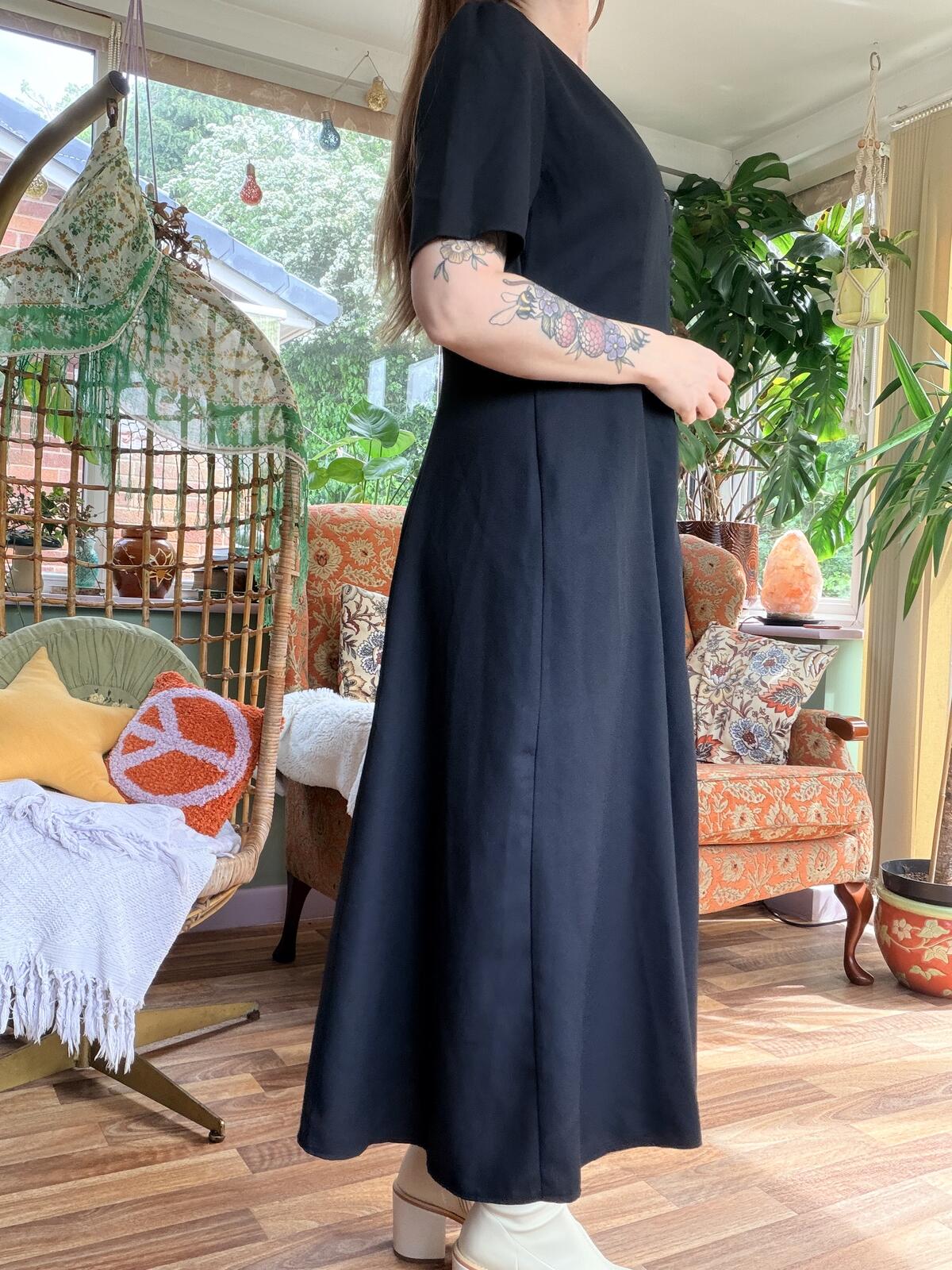 Vintage 1990s Summer Dress Black Midi Dress with Button Front Detail Size 14