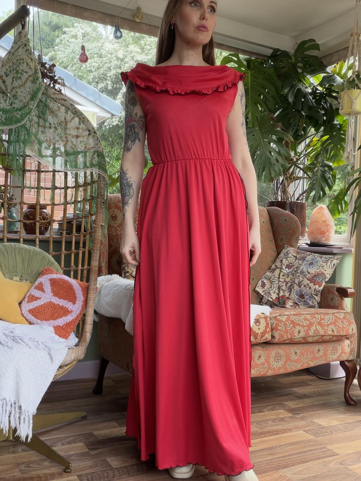 Vintage 1970s Maxi Dress Long Layered Red with Ruffle Detail Size 12 to 14