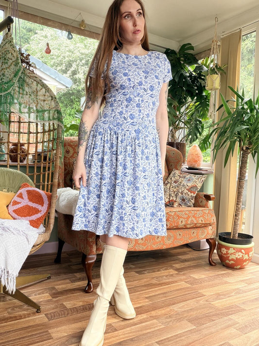 Vintage 1980s Summer Dress Ditsy Cottagecore Blue White Floral Dress Size 10