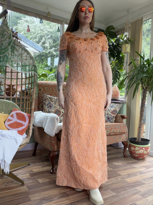 Vintage 1970s Maxi Dress Orange Embroidered Maxi with Beaded Detail Size 12
