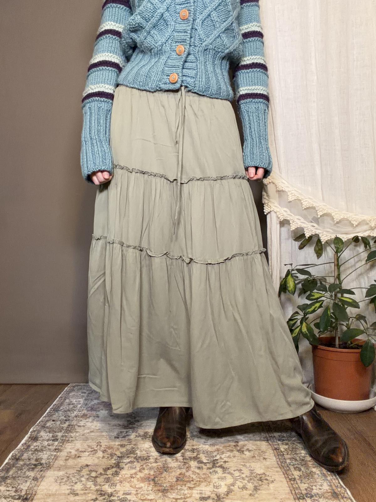 Boho Tiered Maxi Skirt in Sage Green Long Layered Hippie Festival Skirt Size 10