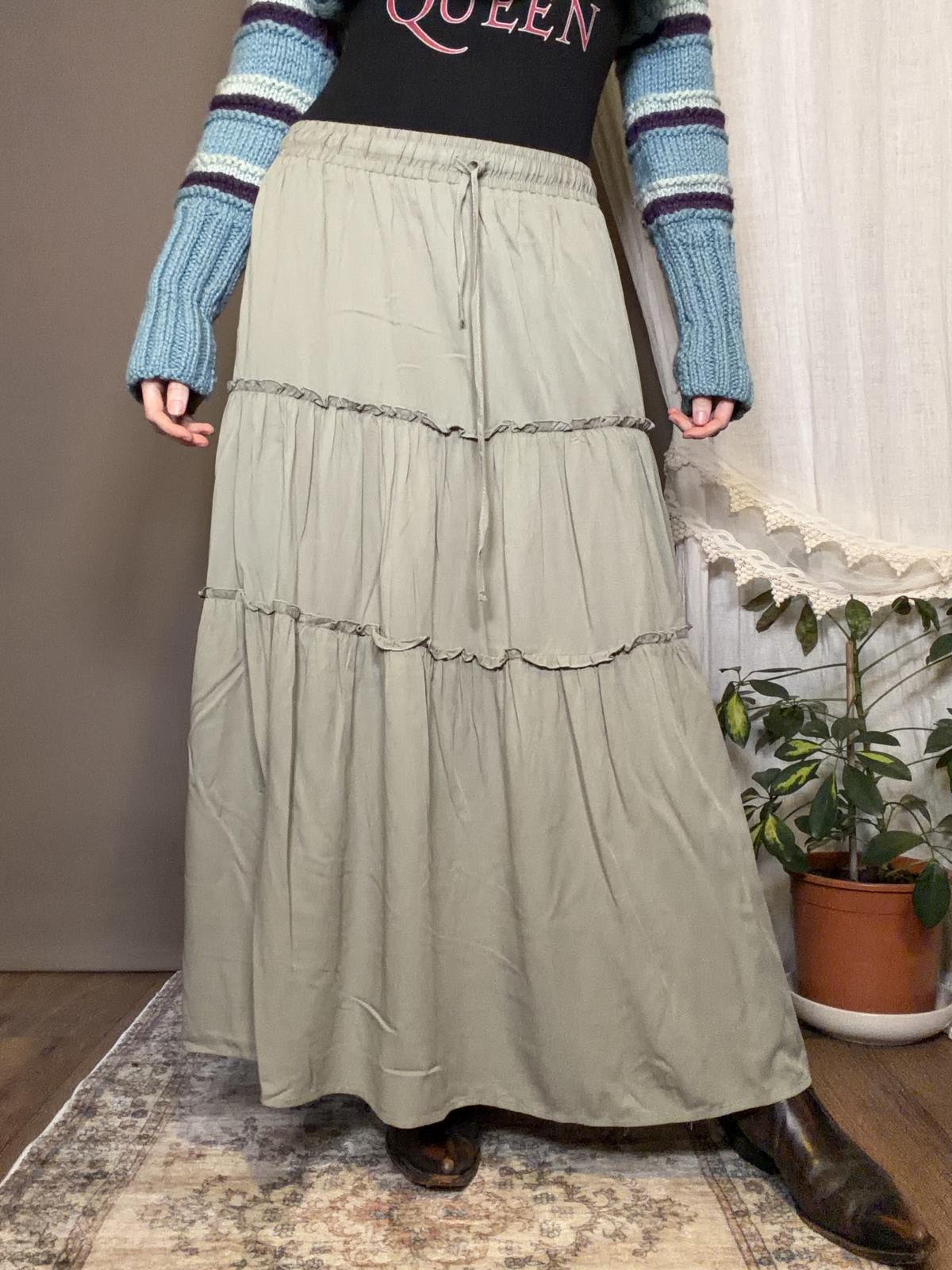 Boho Tiered Maxi Skirt in Sage Green Long Layered Hippie Festival Skirt Size 10