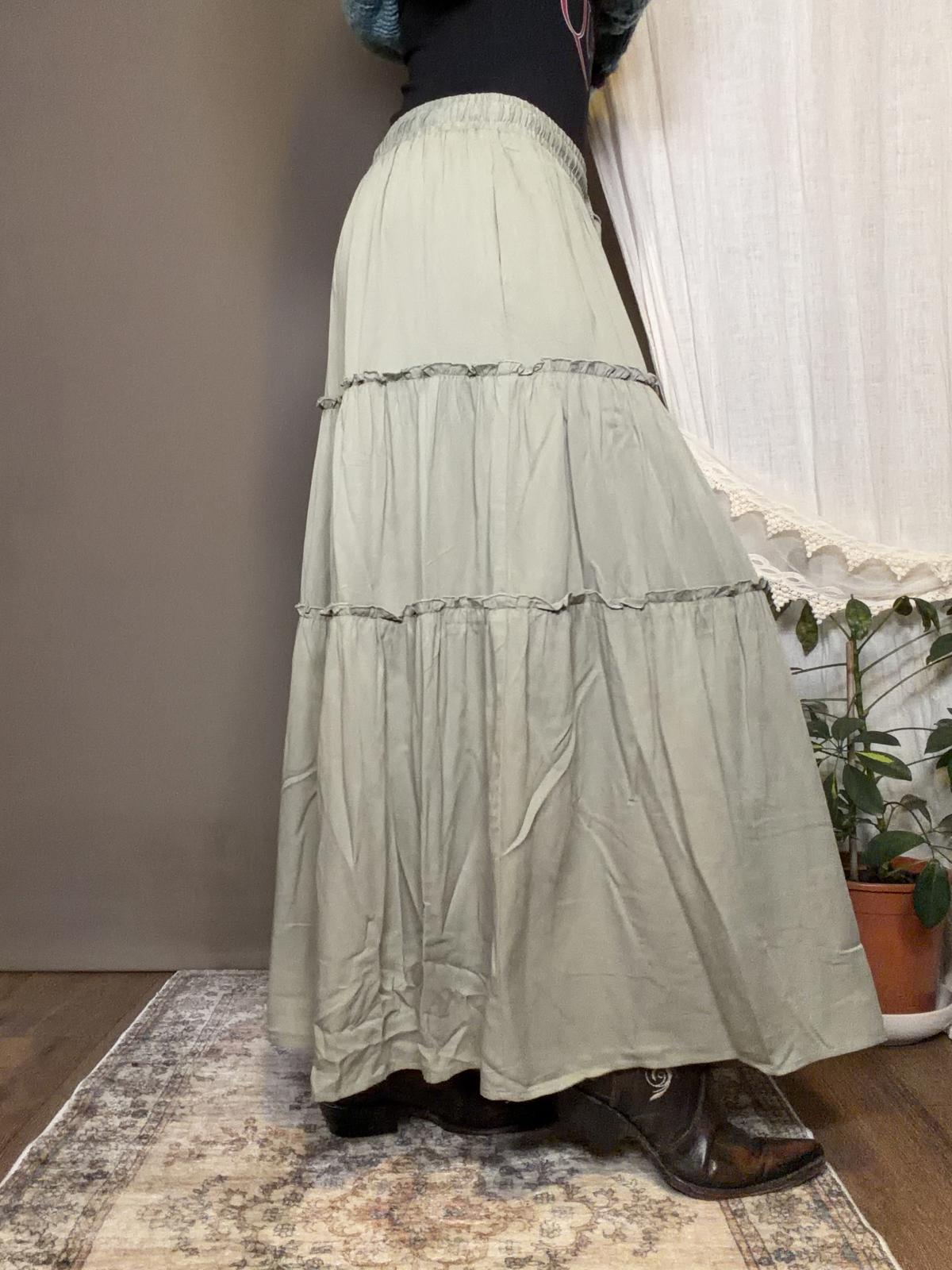 Boho Tiered Maxi Skirt in Sage Green Long Layered Hippie Festival Skirt Size 10