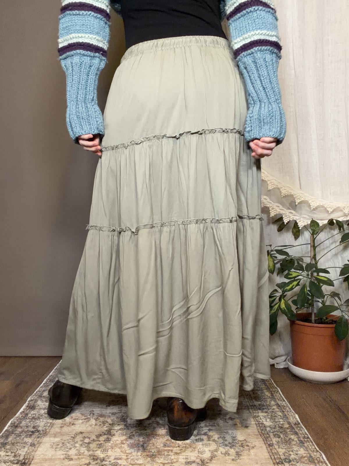 Boho Tiered Maxi Skirt in Sage Green Long Layered Hippie Festival Skirt Size 10