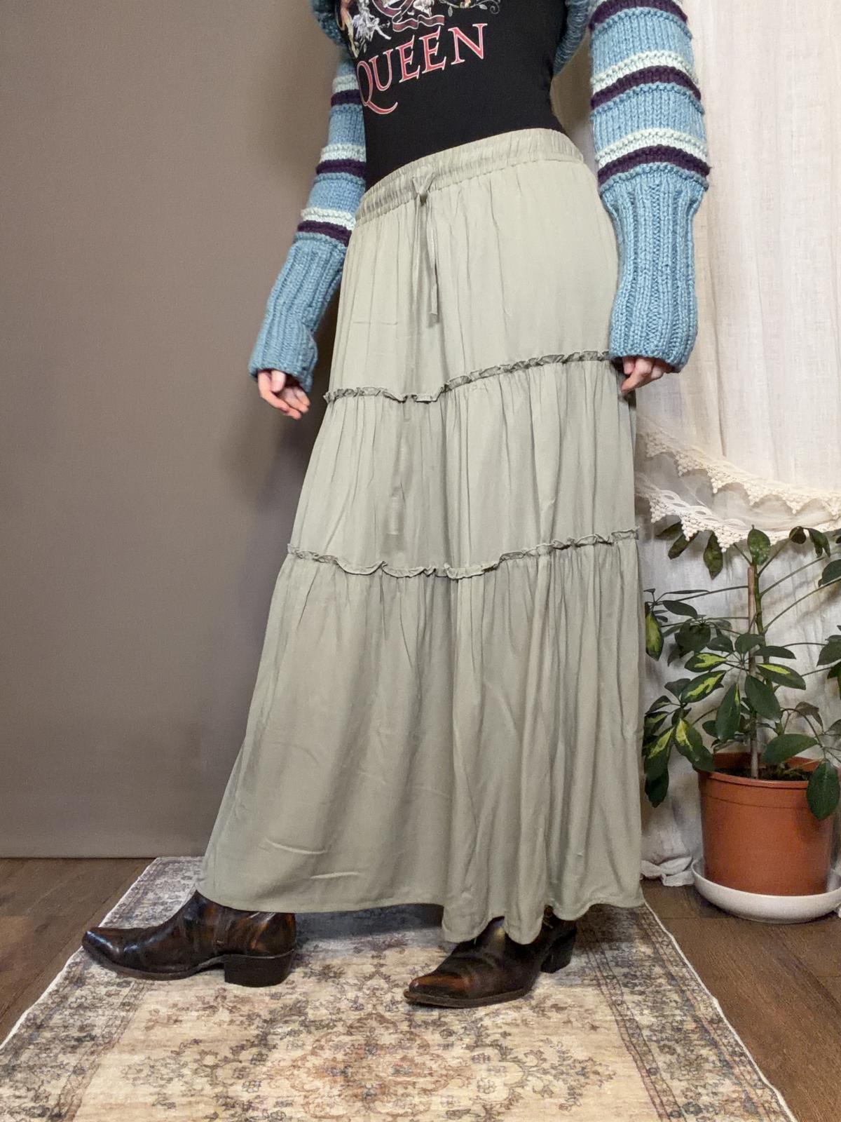Boho Tiered Maxi Skirt in Sage Green Long Layered Hippie Festival Skirt Size 10