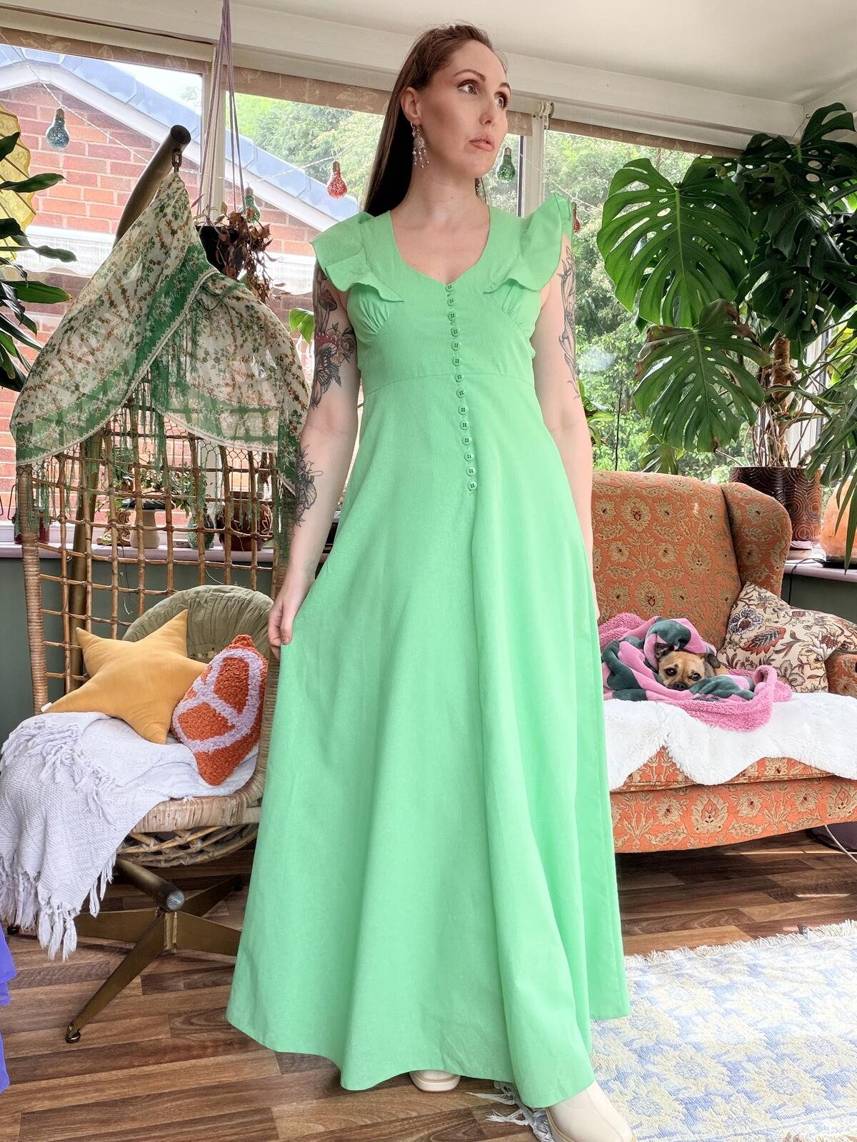 Vintage 1970s Maxi Dress Green Long Button Summer Dress Ruffle Sleeves Size 10