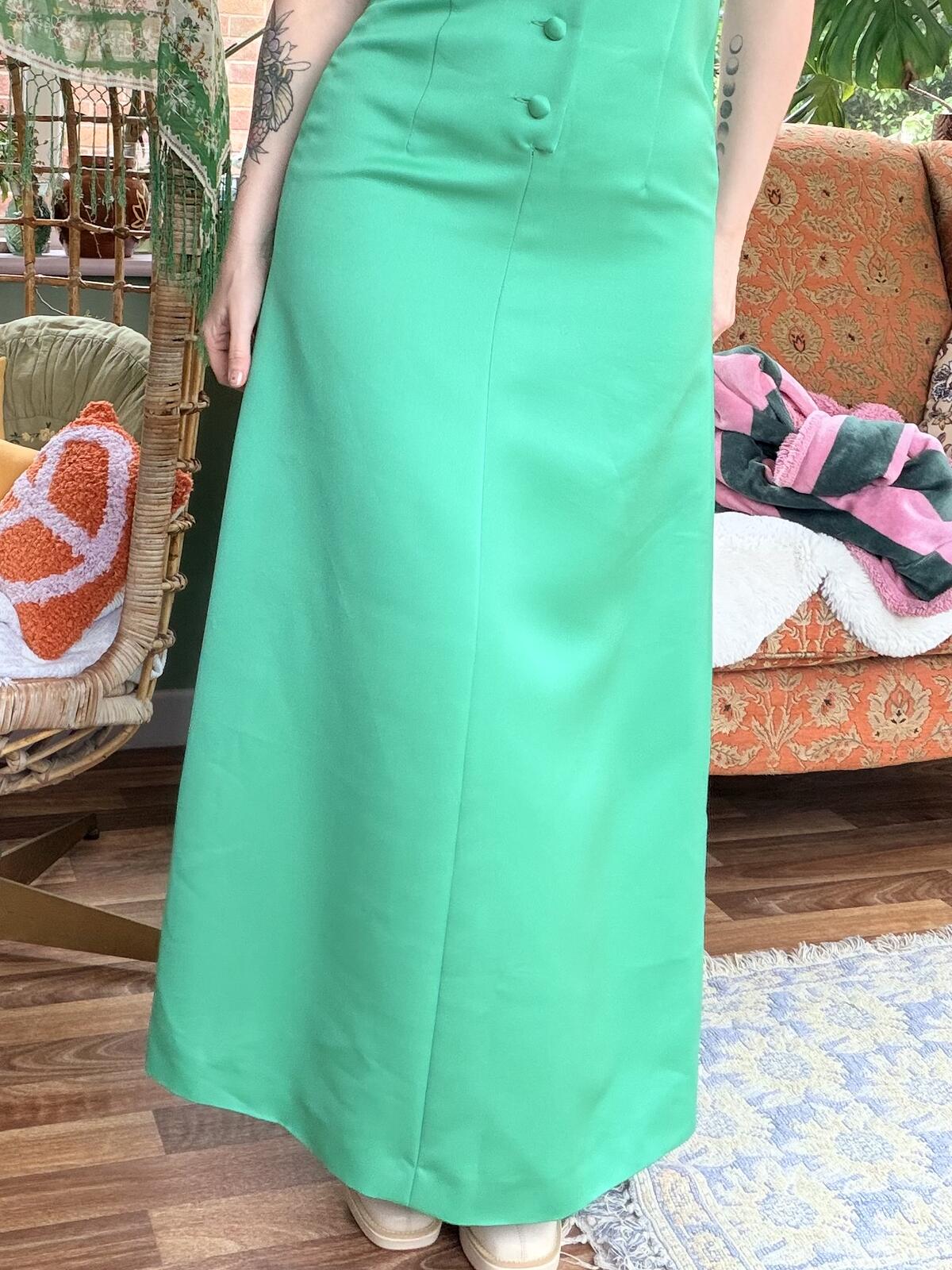 Vintage 1970s Maxi Dress Green Sleeveless with Button Detail Size 12