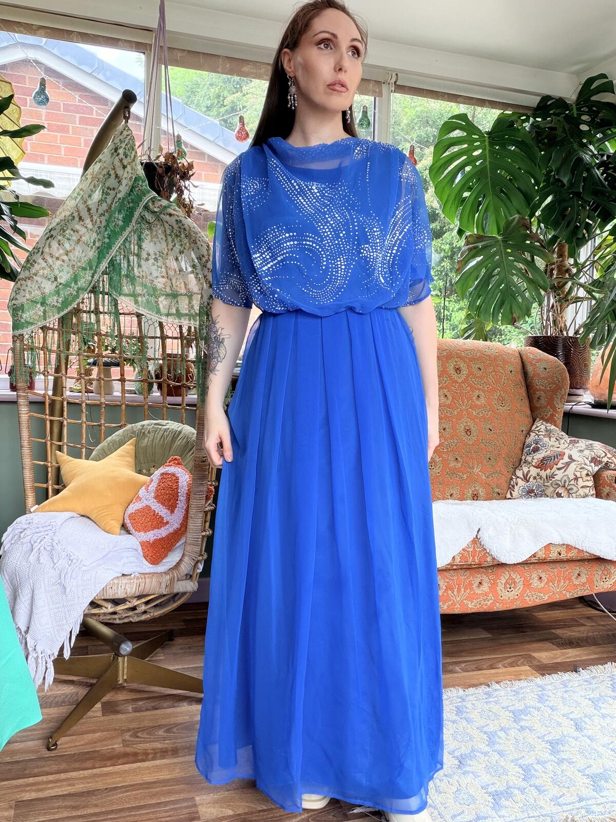 Vintage 1980s Maxi Dress Long Floaty Cowl Neck With with Silver Detail Size 12