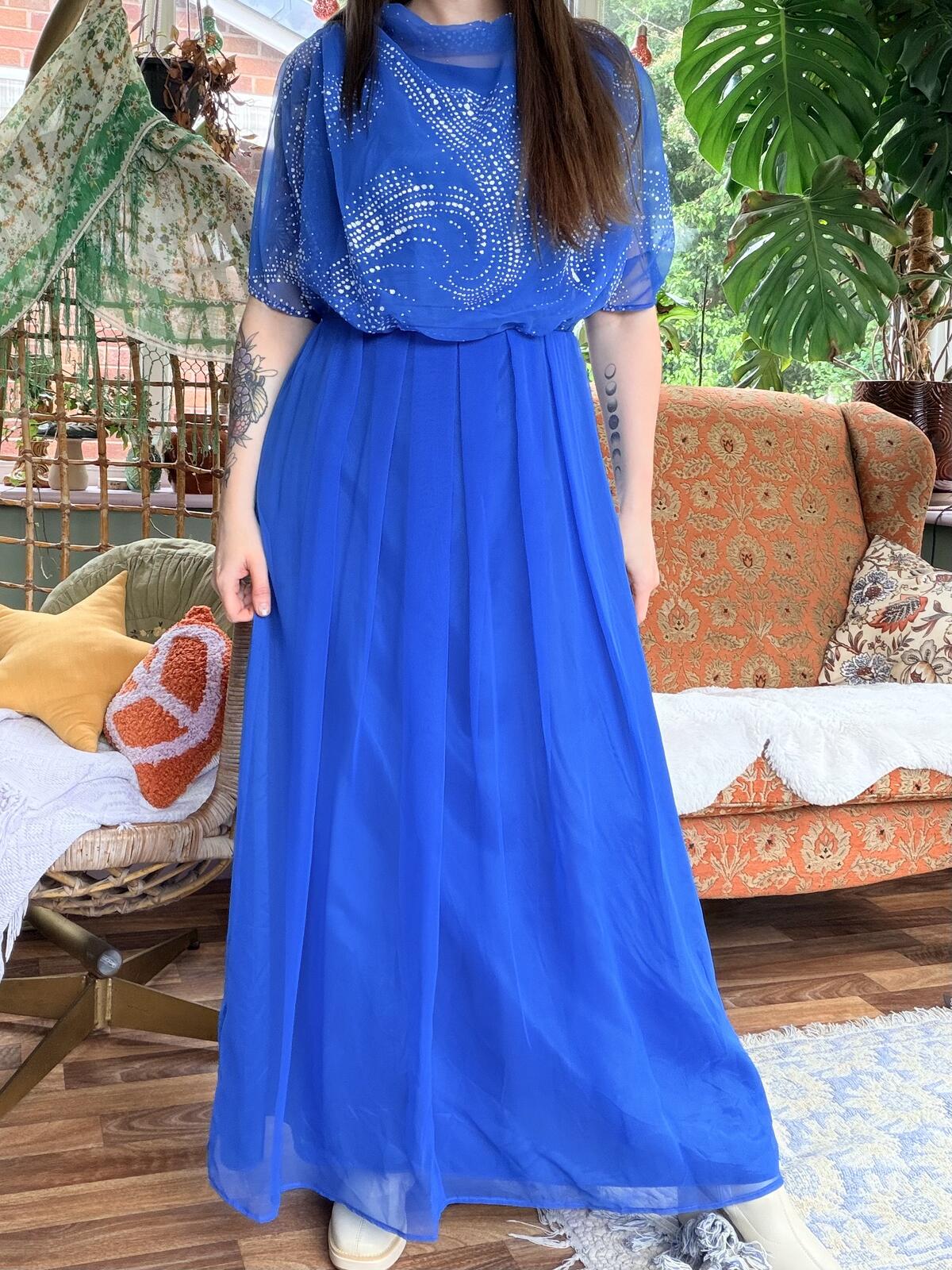 Vintage 1980s Maxi Dress Long Floaty Cowl Neck With with Silver Detail Size 12
