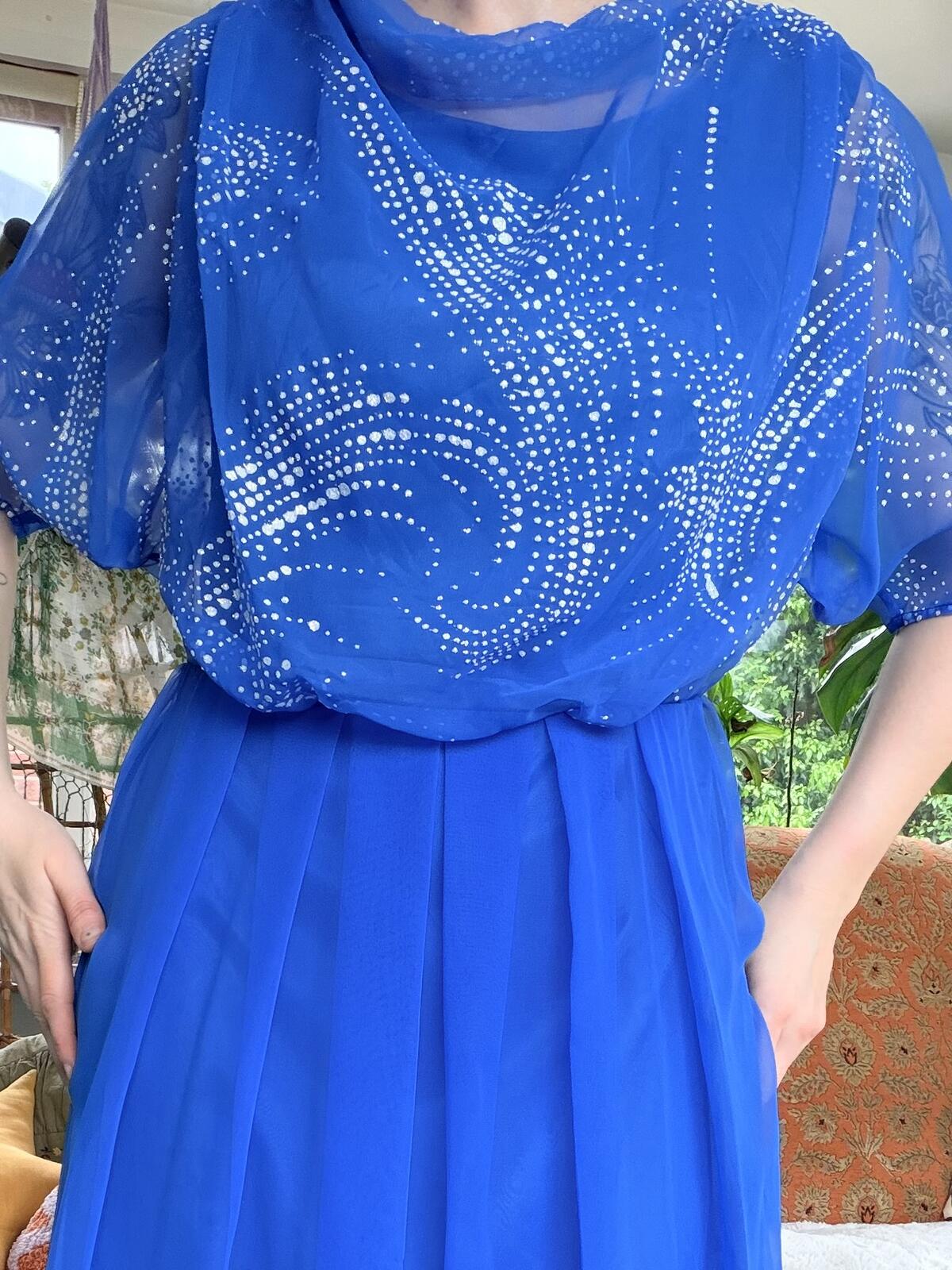 Vintage 1980s Maxi Dress Long Floaty Cowl Neck With with Silver Detail Size 12