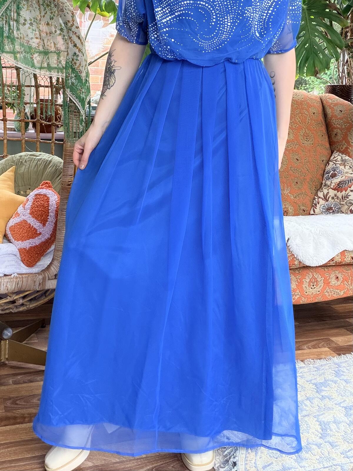 Vintage 1980s Maxi Dress Long Floaty Cowl Neck With with Silver Detail Size 12