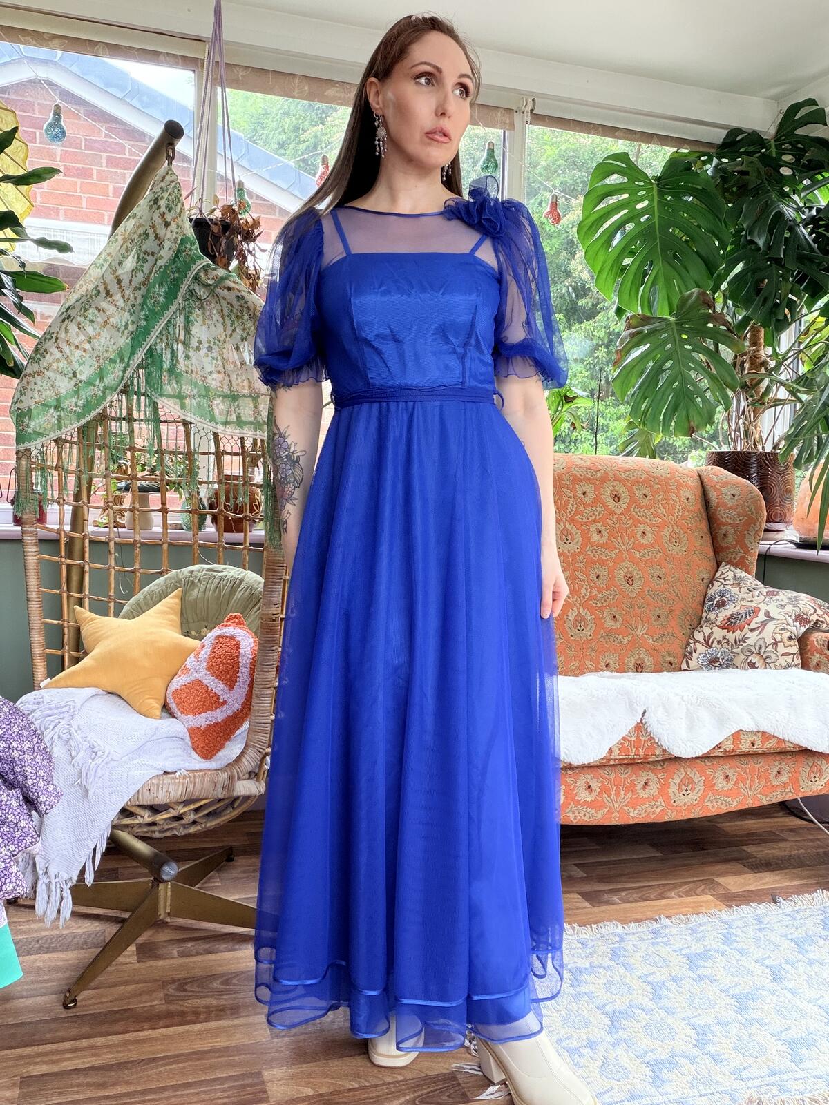 Vintage 1980s Party Dress Blue Sheer Sleeve Maxi Dress Size 8