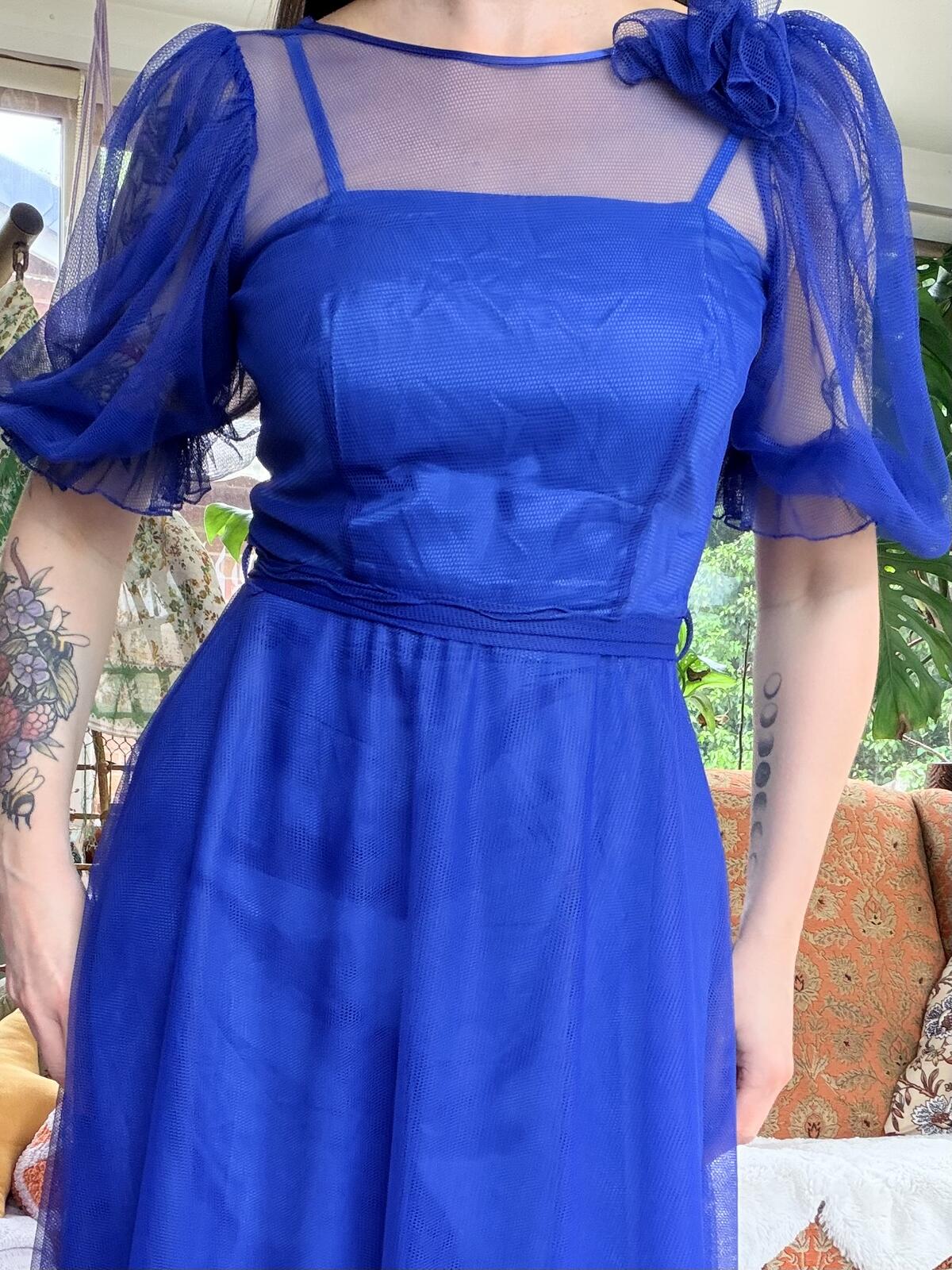 Vintage 1980s Party Dress Blue Sheer Sleeve Maxi Dress Size 8