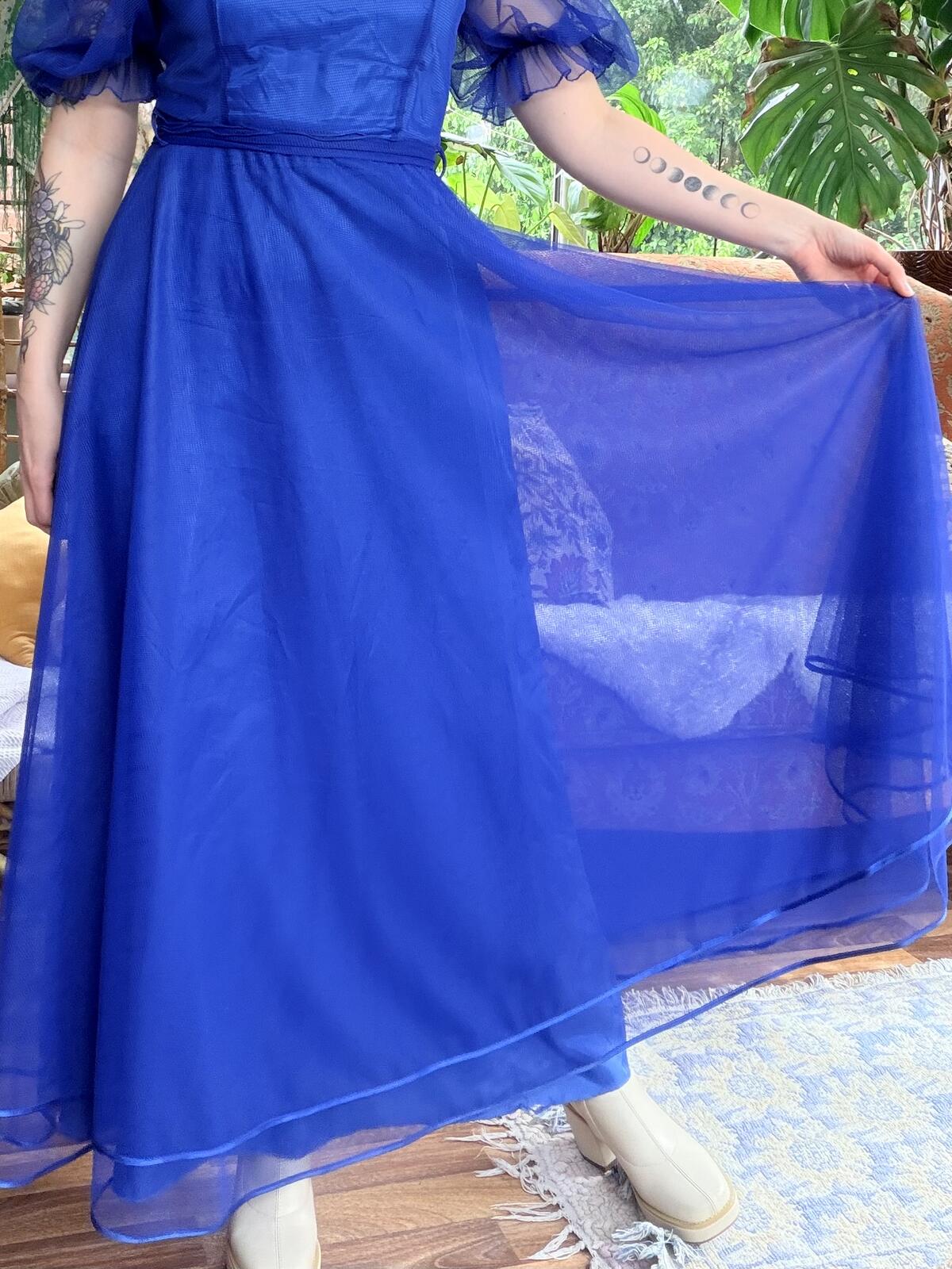 Vintage 1980s Party Dress Blue Sheer Sleeve Maxi Dress Size 8