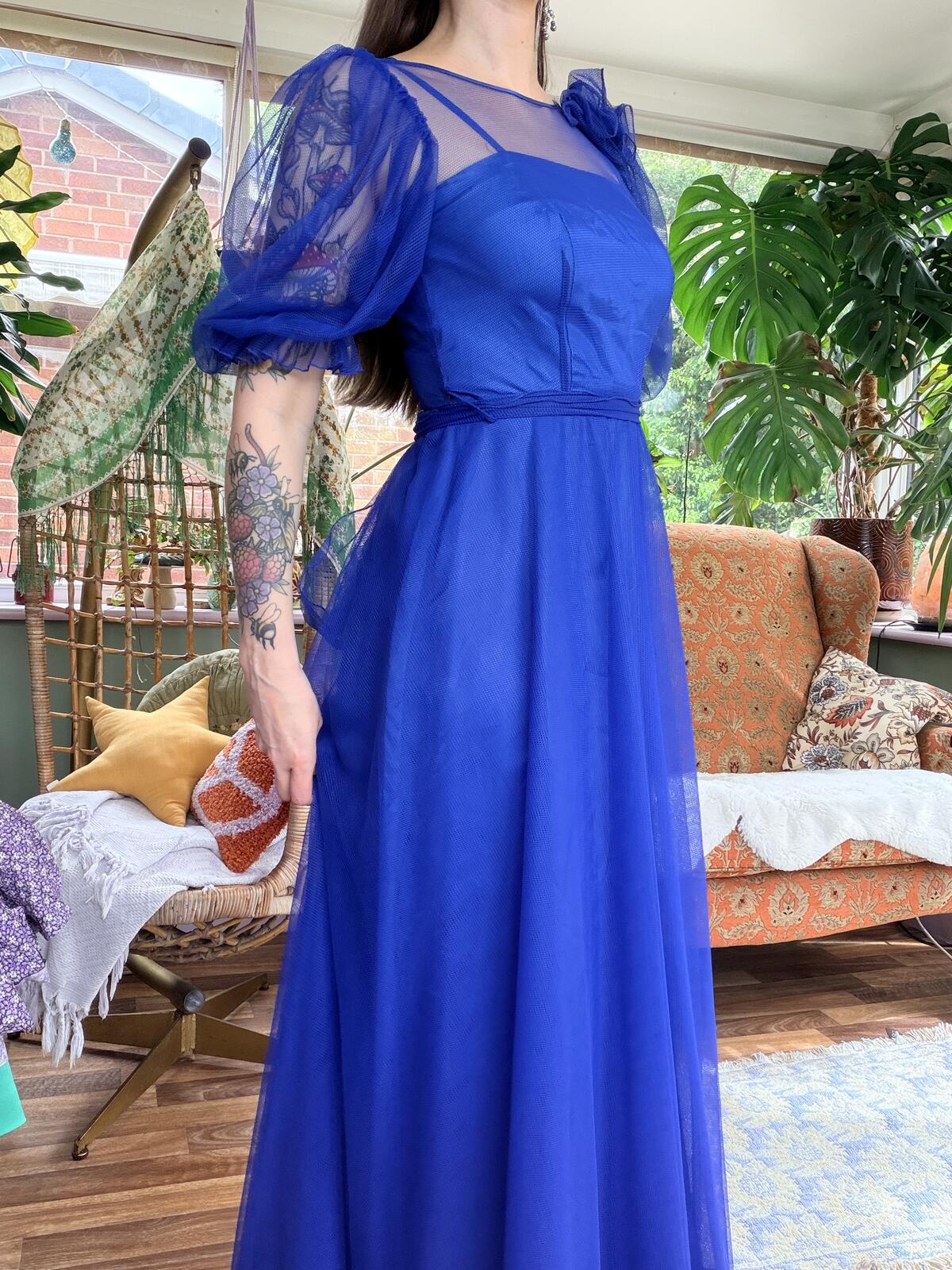 Vintage 1980s Party Dress Blue Sheer Sleeve Maxi Dress Size 8