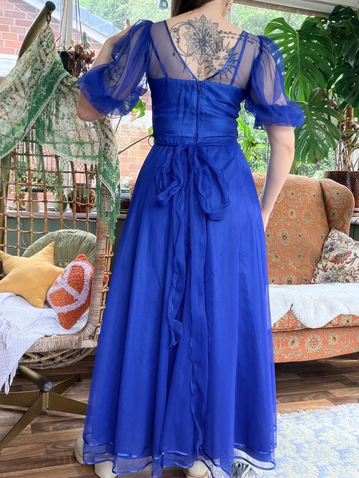 Vintage 1980s Party Dress Blue Sheer Sleeve Maxi Dress Size 8