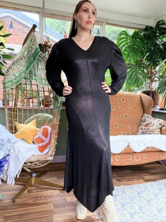 Vintage 1980s Dress Black Long Sleeve Midi with Puff Drape Shoulders Size 14