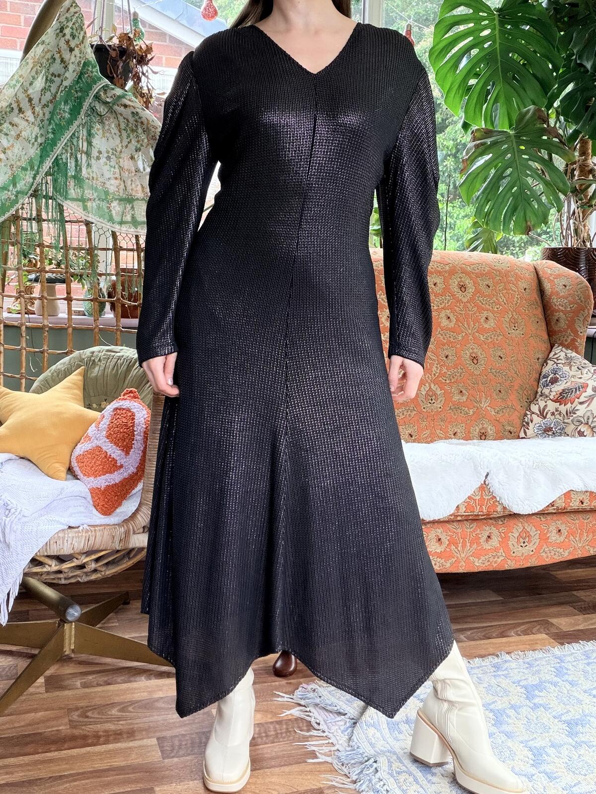 Vintage 1980s Dress Black Long Sleeve Midi with Puff Drape Shoulders Size 14