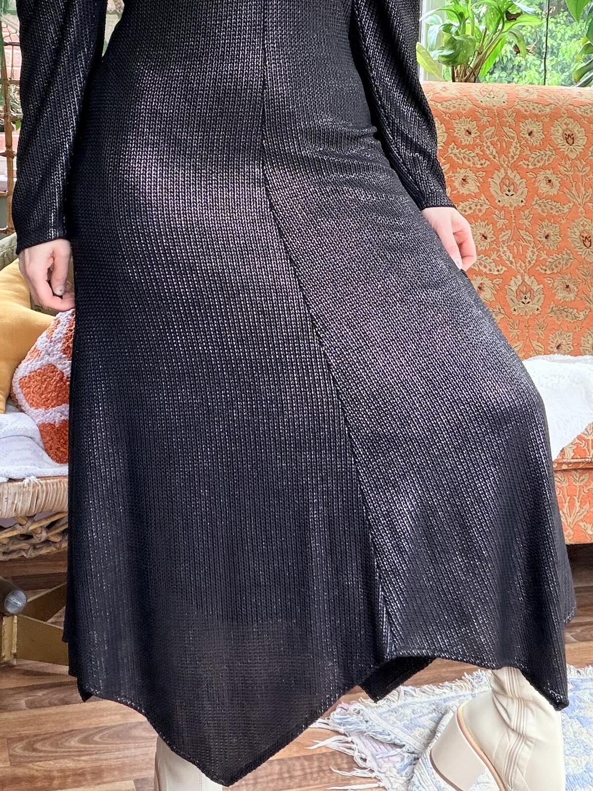 Vintage 1980s Dress Black Long Sleeve Midi with Puff Drape Shoulders Size 14
