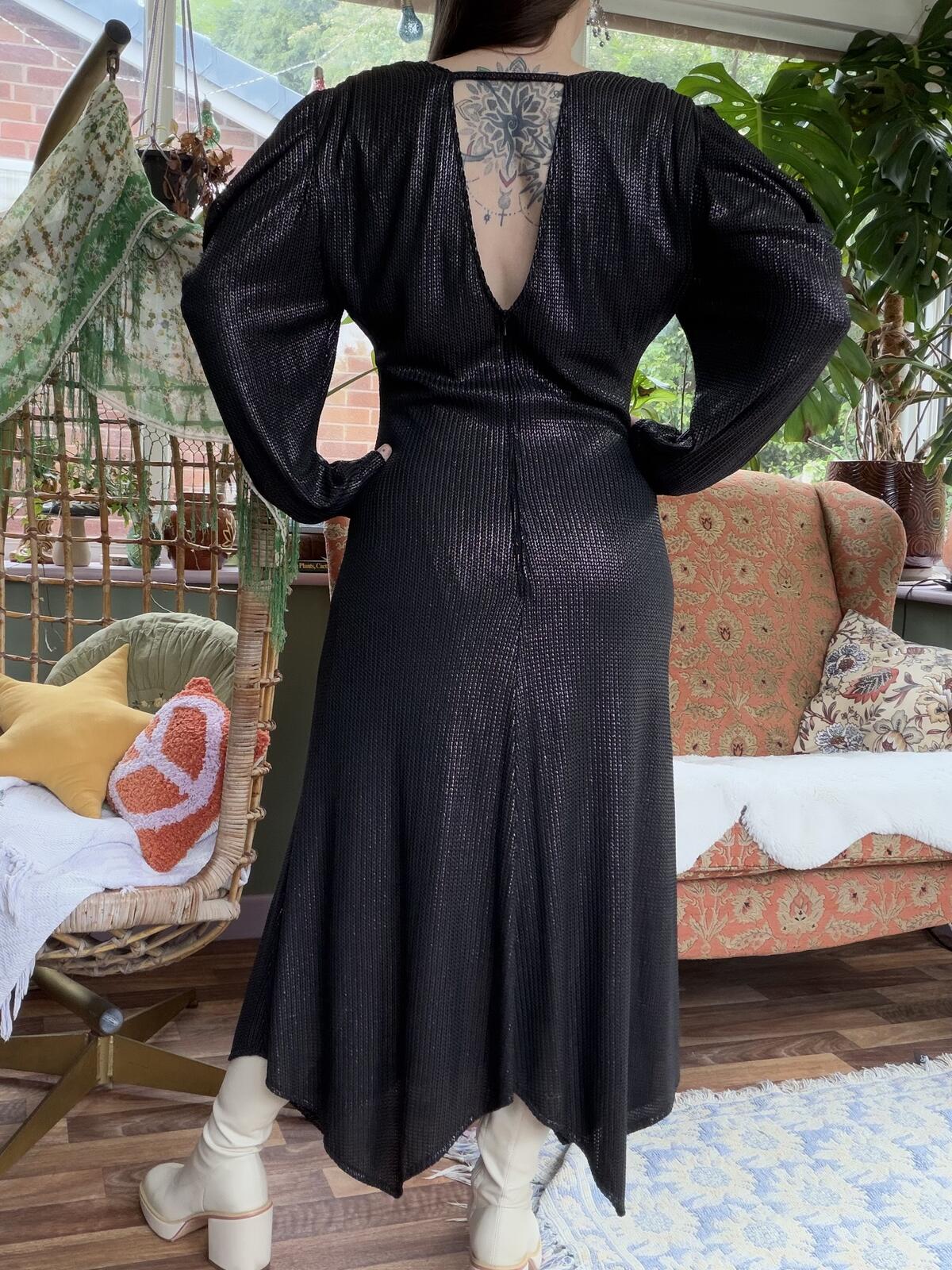 Vintage 1980s Dress Black Long Sleeve Midi with Puff Drape Shoulders Size 14