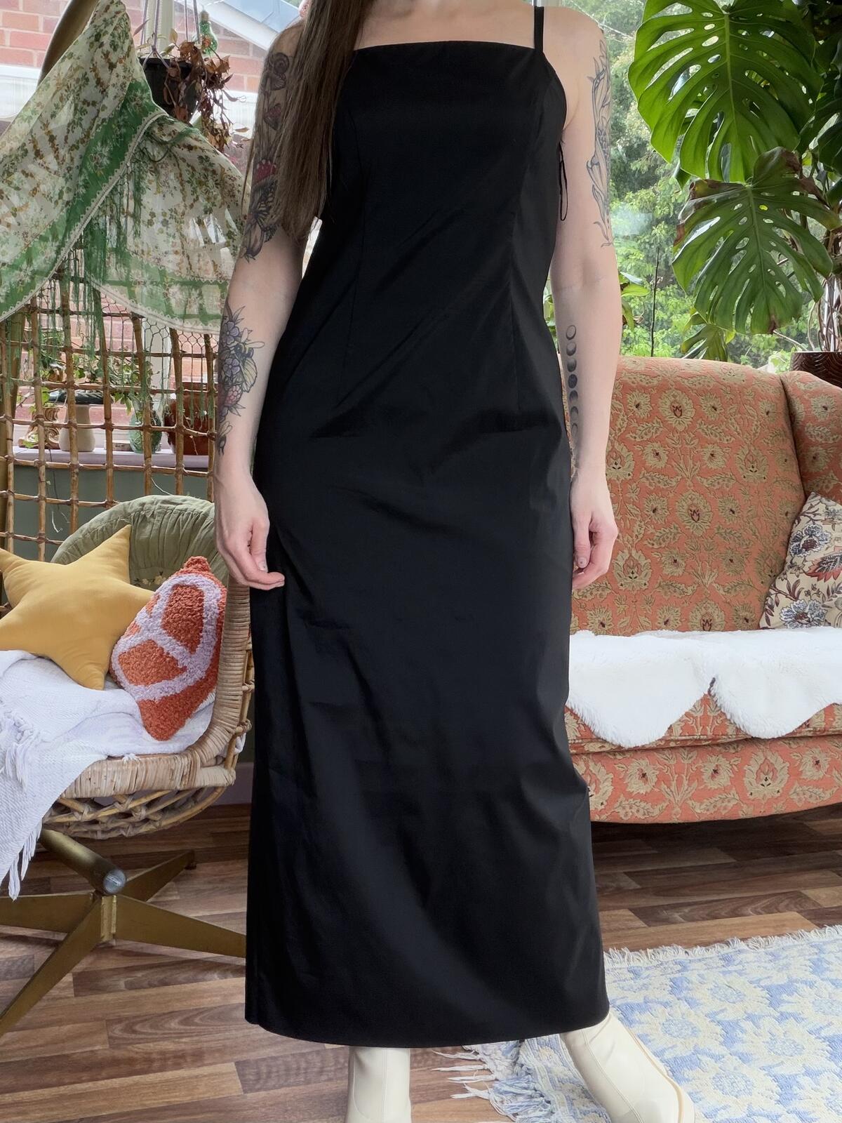 Vintage 1990s Black Dress with Square Neckline and Spaghetti Straps Size 12
