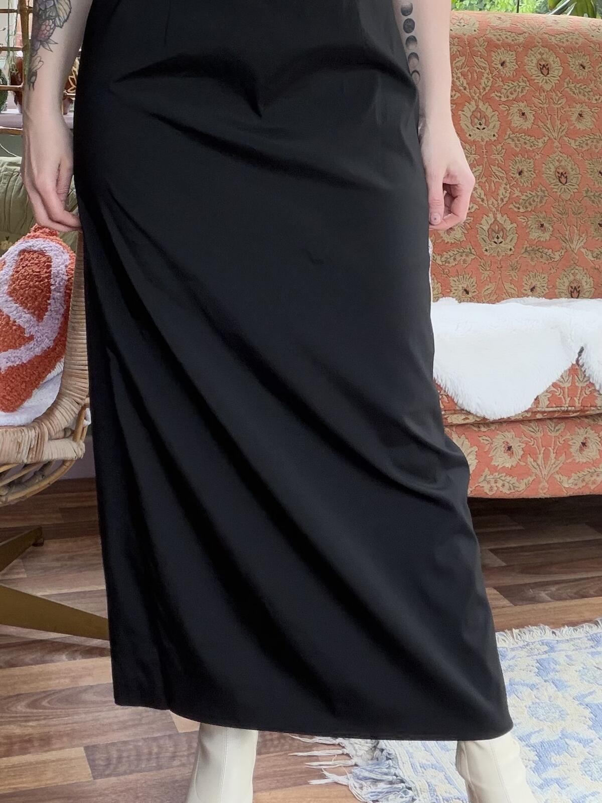 Vintage 1990s Black Dress with Square Neckline and Spaghetti Straps Size 12