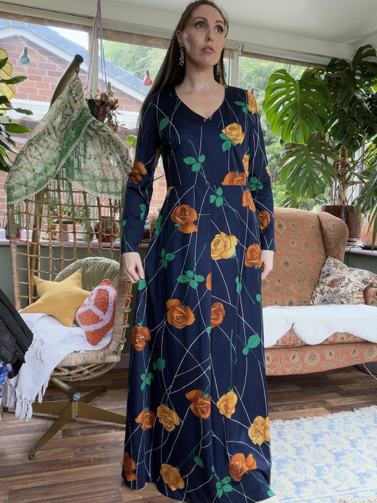 Vintage 1970s Maxi Dress with Orange Yellow Floral Print long sleeves size 14
