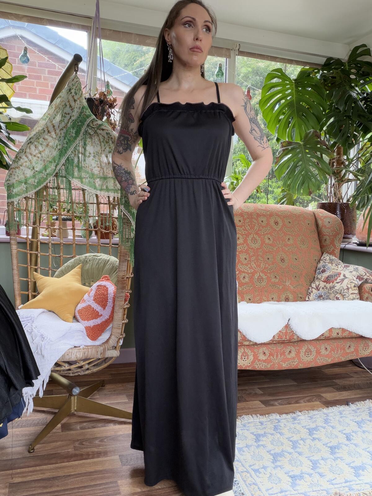 Vintage 1970s Maxi Dress Black with Pleated Ruffle Detail Size 18