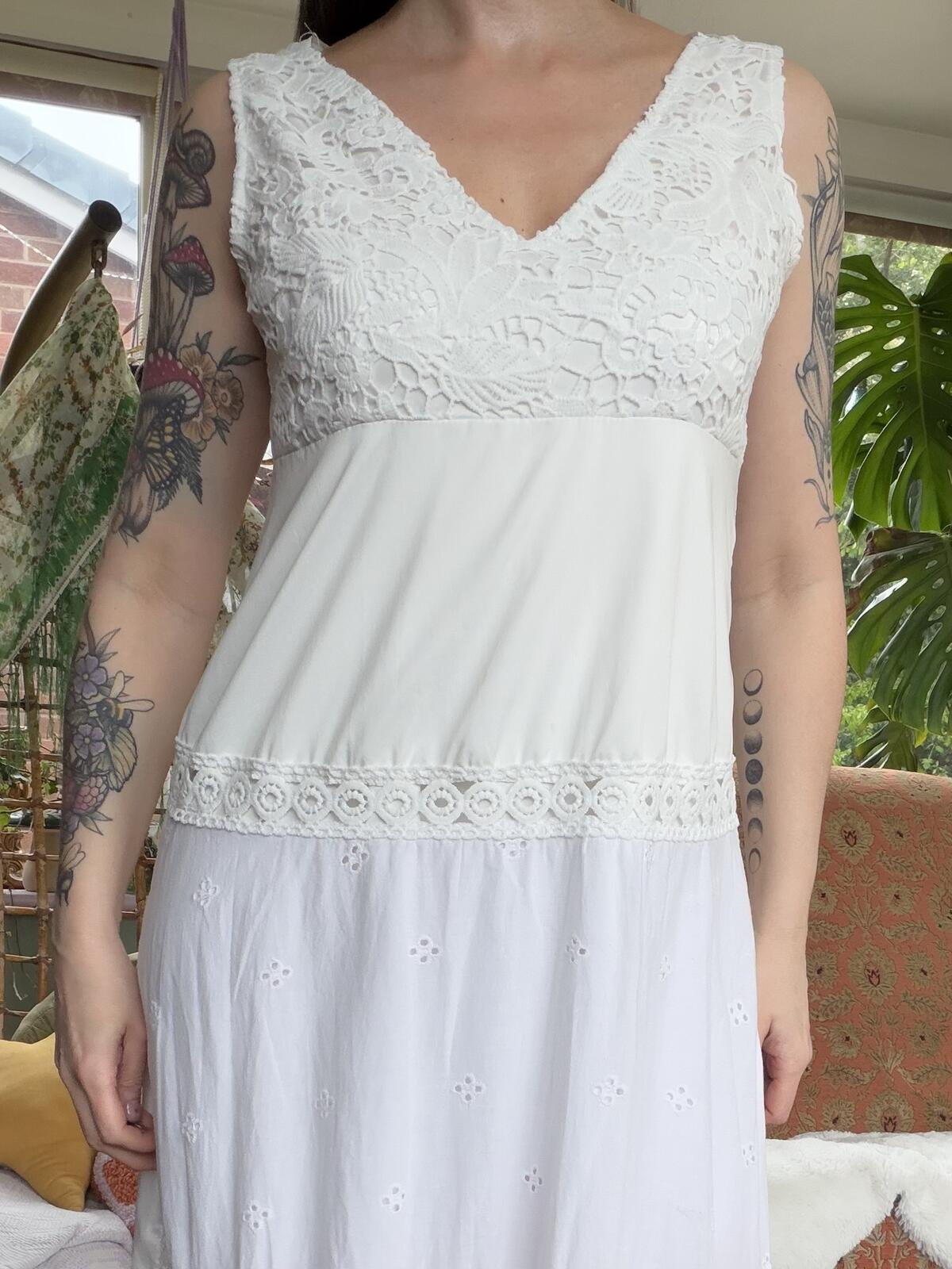 White Lace Maxi Dress Broderie Anglaise Hippie Boho Summer Dress Size 14