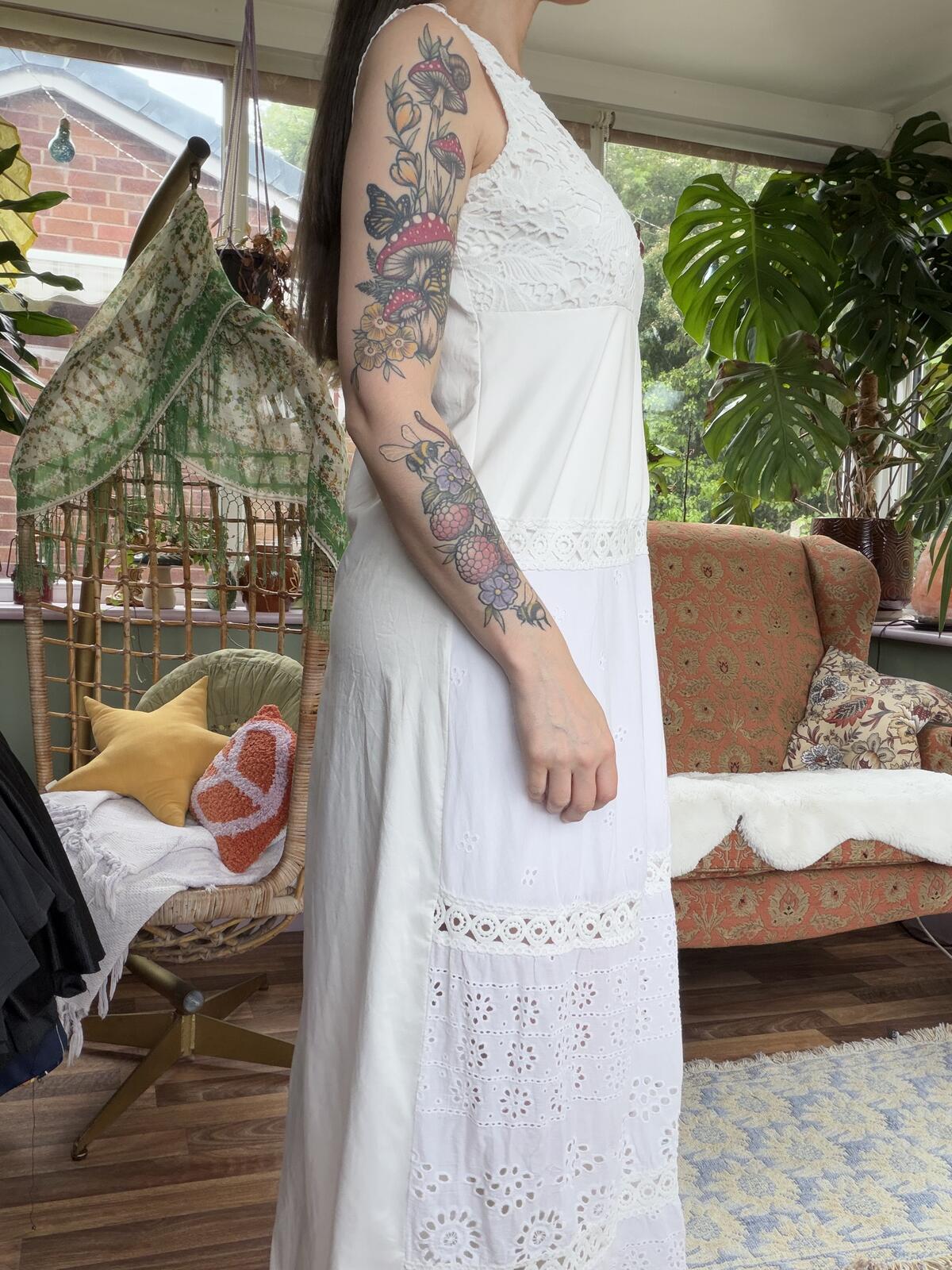 White Lace Maxi Dress Broderie Anglaise Hippie Boho Summer Dress Size 14