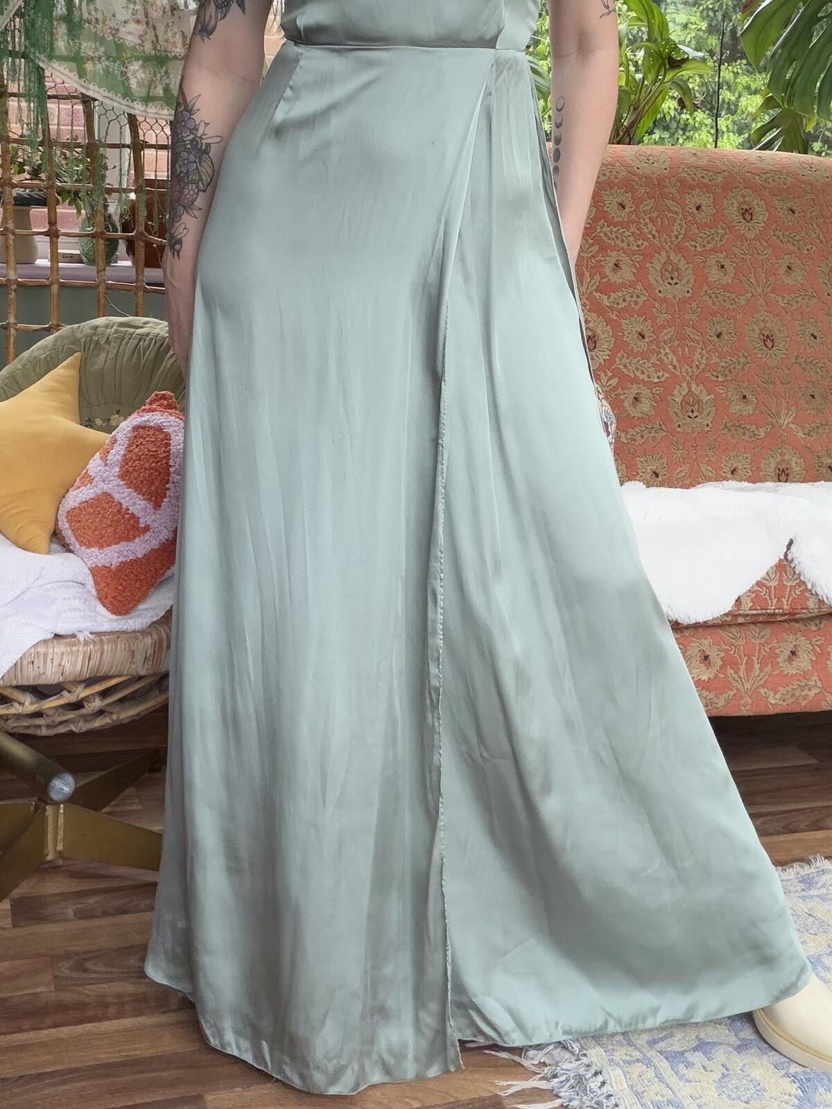 Green Satin Maxi Dress with Cap Sleeves and side split size 8 by H&M