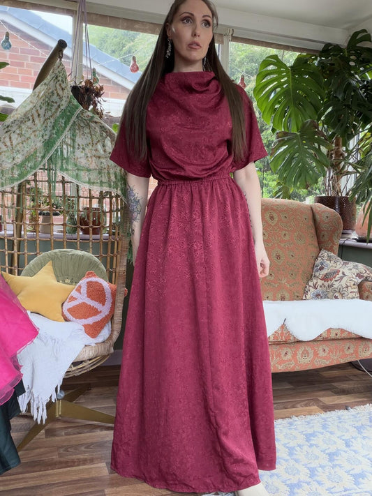 Vintage 1980s Maxi Dress with Floral Jacquard Pattern and High Cowl Neck Size 12