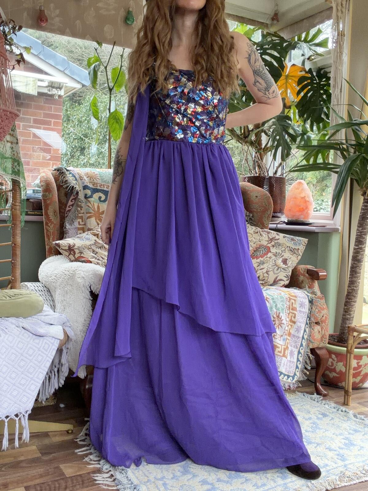 Vintage 1980s Maxi Dress Purple One Shoulder Evening Dress Lace Bodice Size 12