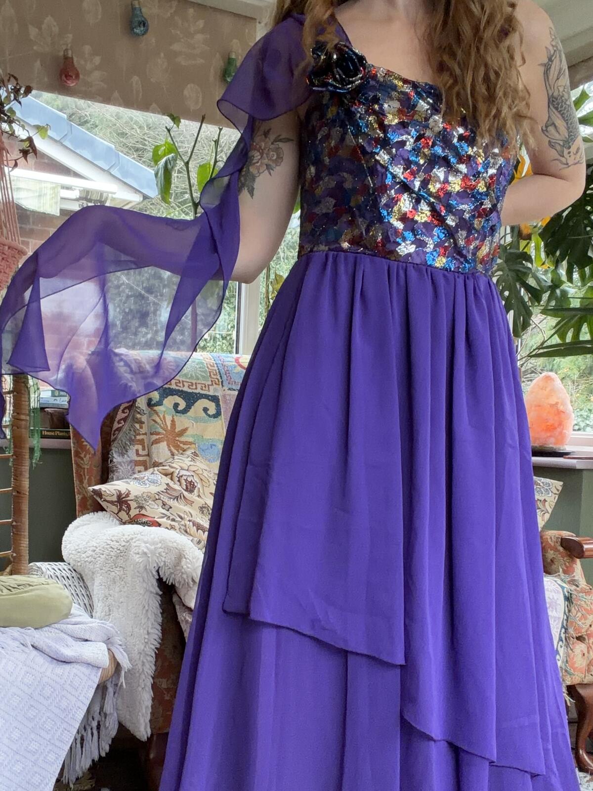 Vintage 1980s Maxi Dress Purple One Shoulder Evening Dress Lace Bodice Size 12