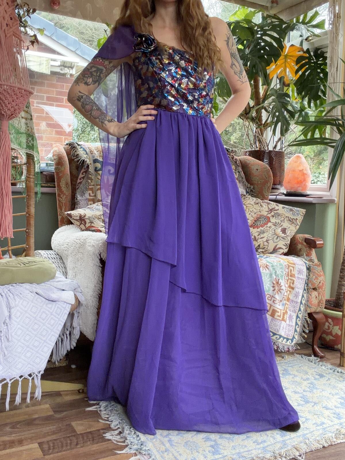 Vintage 1980s Maxi Dress Purple One Shoulder Evening Dress Lace Bodice Size 12