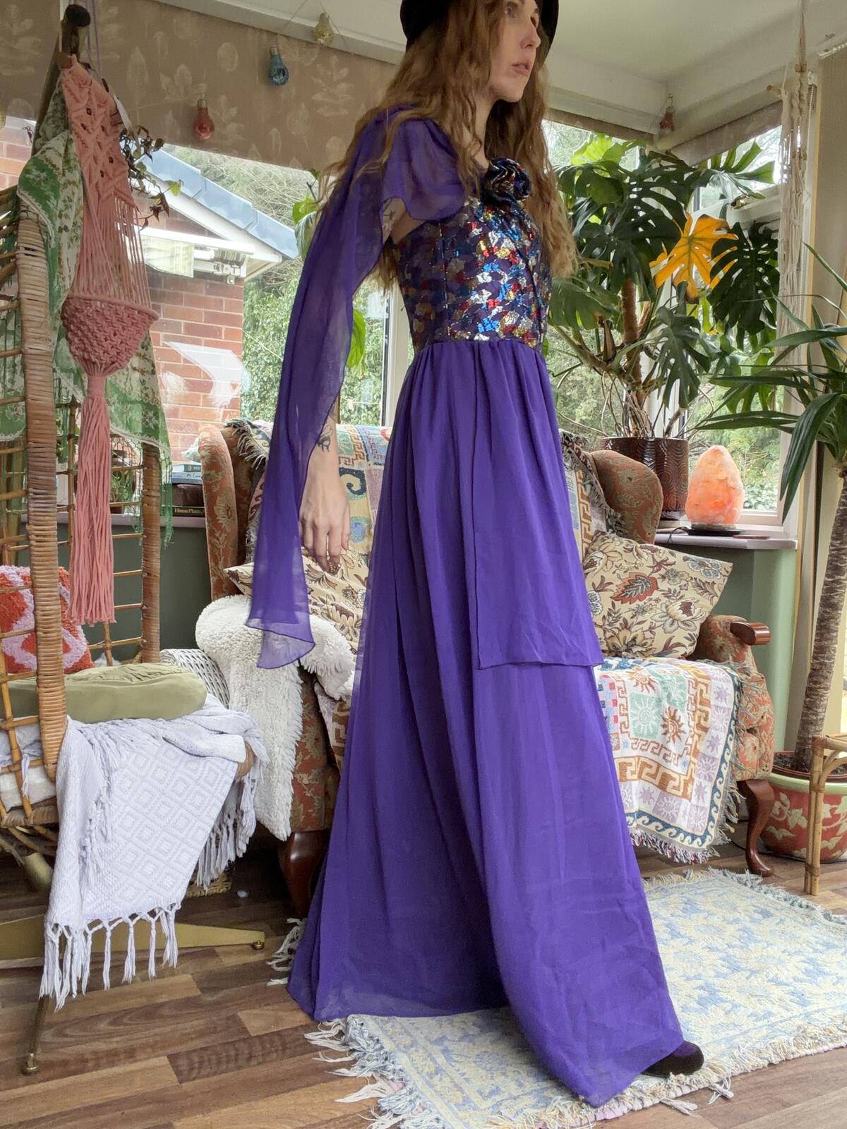 Vintage 1980s Maxi Dress Purple One Shoulder Evening Dress Lace Bodice Size 12