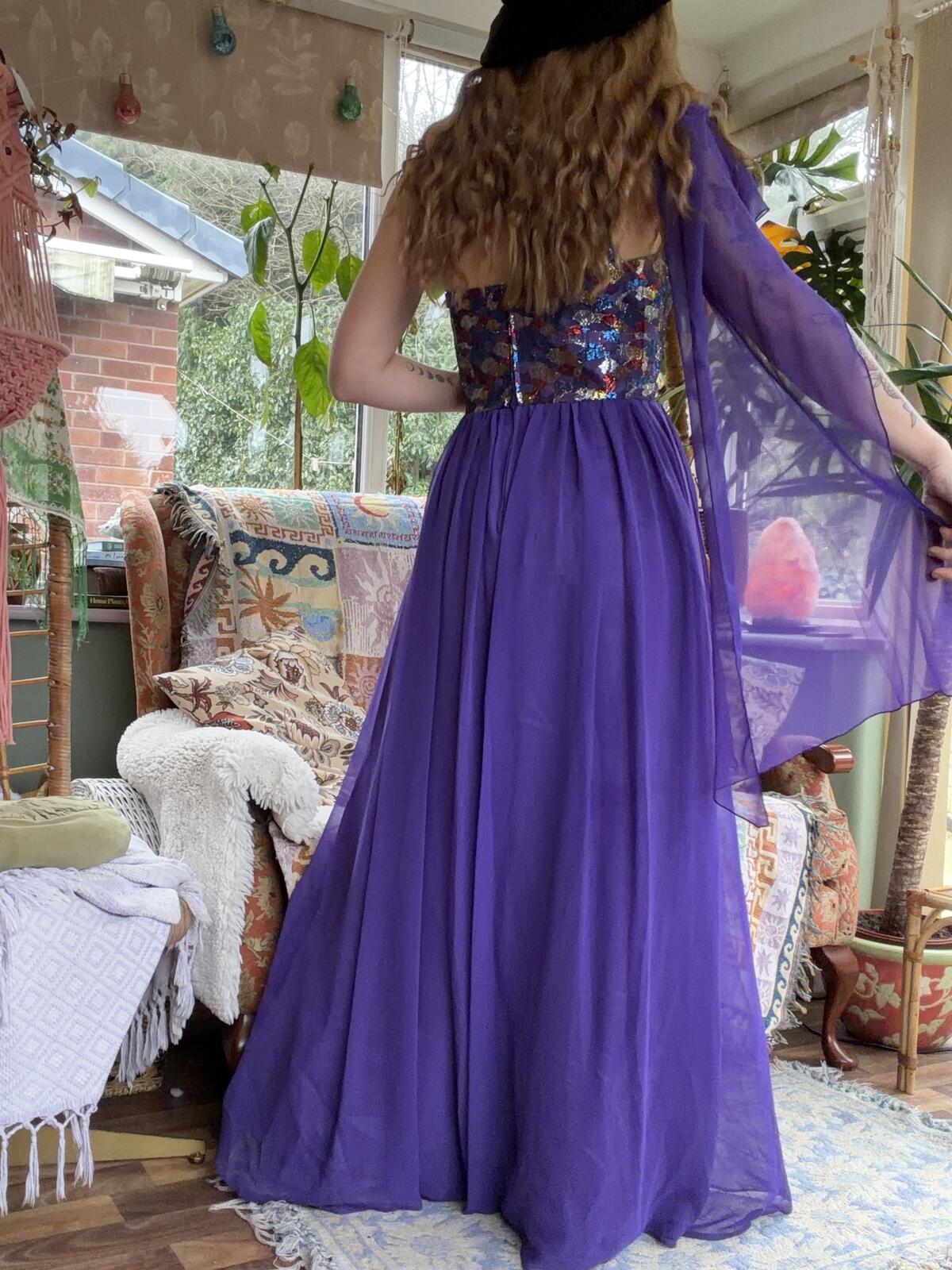 Vintage 1980s Maxi Dress Purple One Shoulder Evening Dress Lace Bodice Size 12