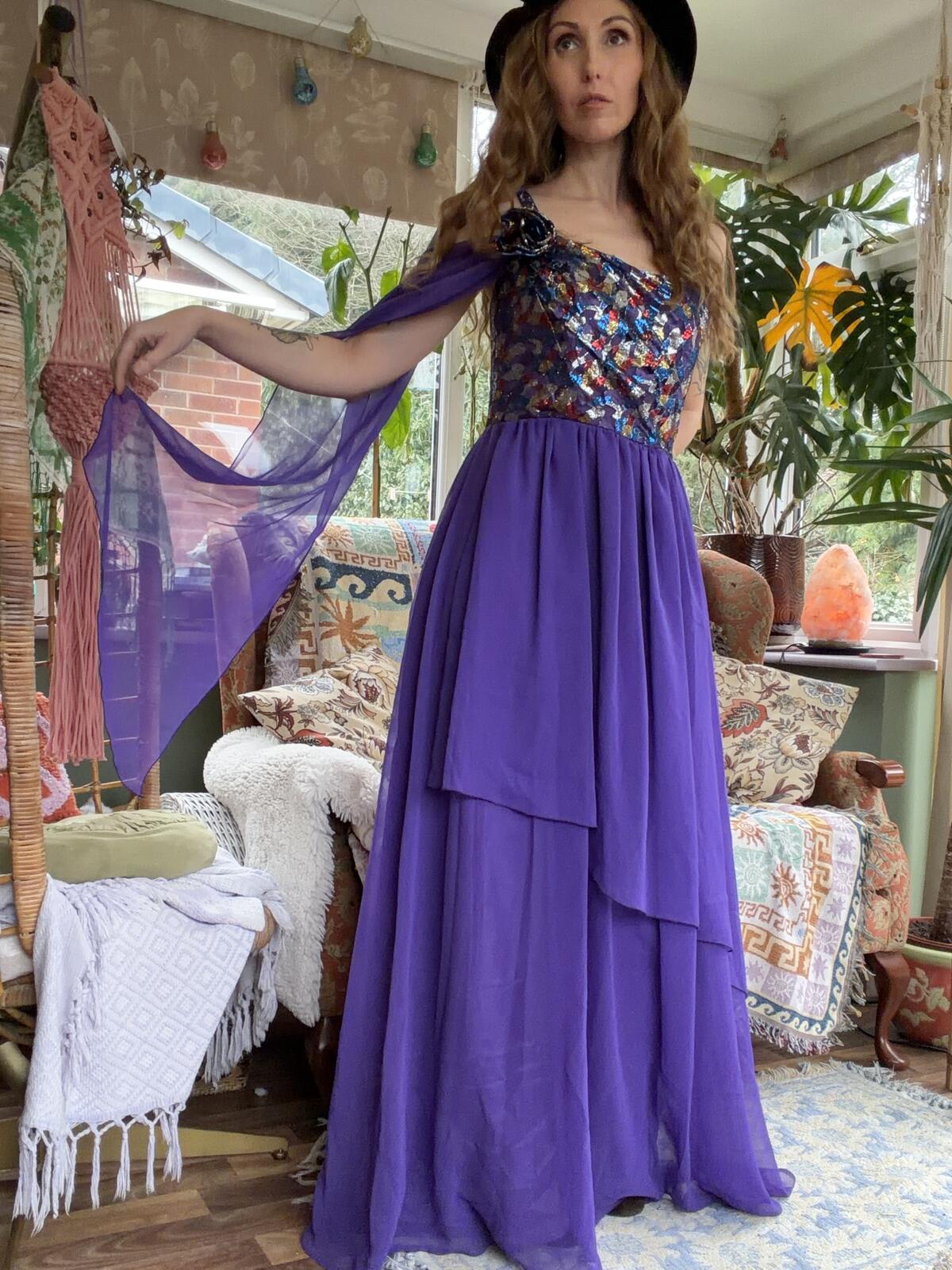 Vintage 1980s Maxi Dress Purple One Shoulder Evening Dress Lace Bodice Size 12