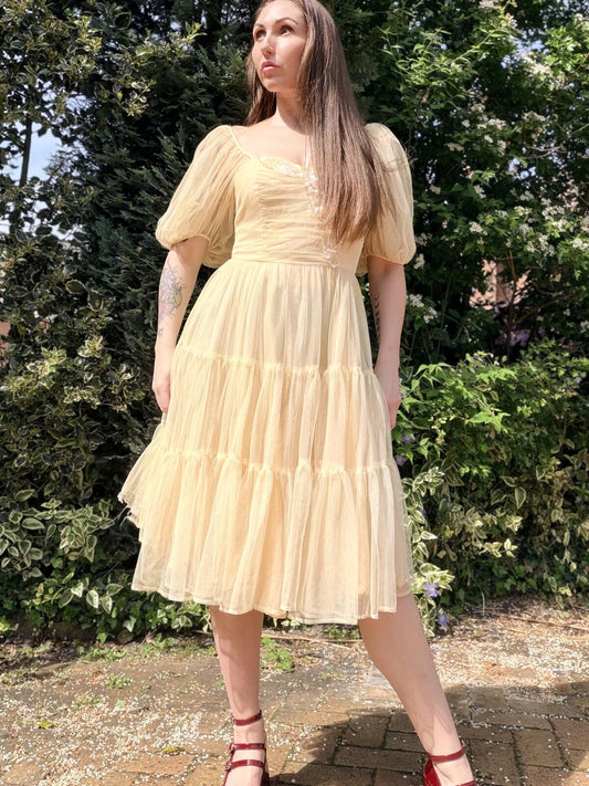Vintage 1990s Fairycore Dress Puff Sleeve Midi Dress in Cream Size 10