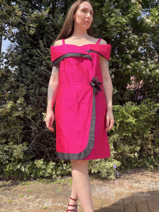 Vintage 1980s cocktail dress Pink Off Shoulder with Black Trim and Bow size 12