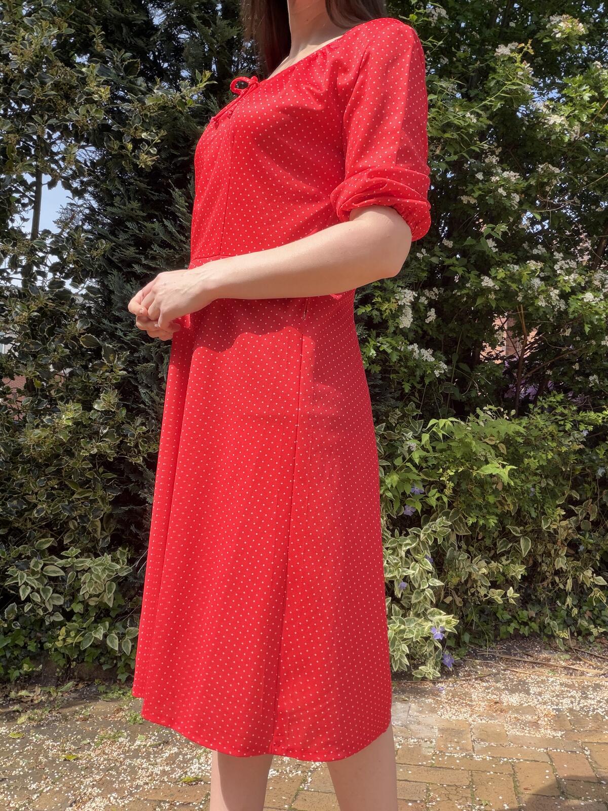 Vintage Red Polka Dot Midi Dress with Tie Neck and Puff Sleeves Size 18