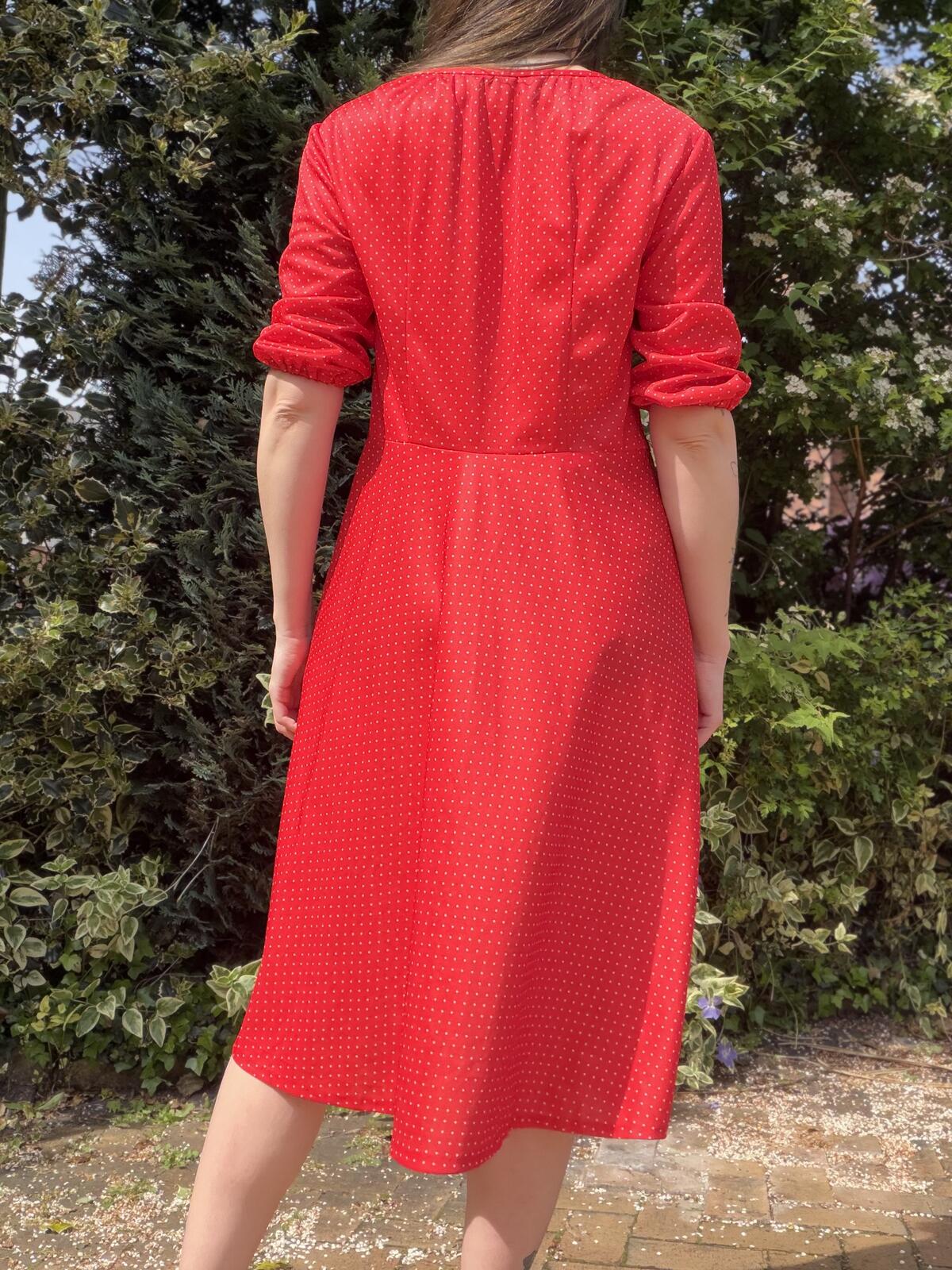 Vintage Red Polka Dot Midi Dress with Tie Neck and Puff Sleeves Size 18