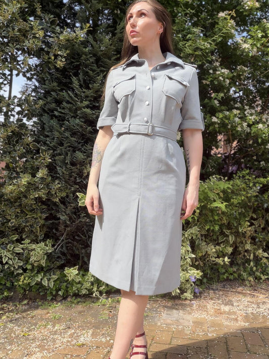 Vintage 1970s Shirt Dress Grey Belted Military Midi Dress with Pockets size 12