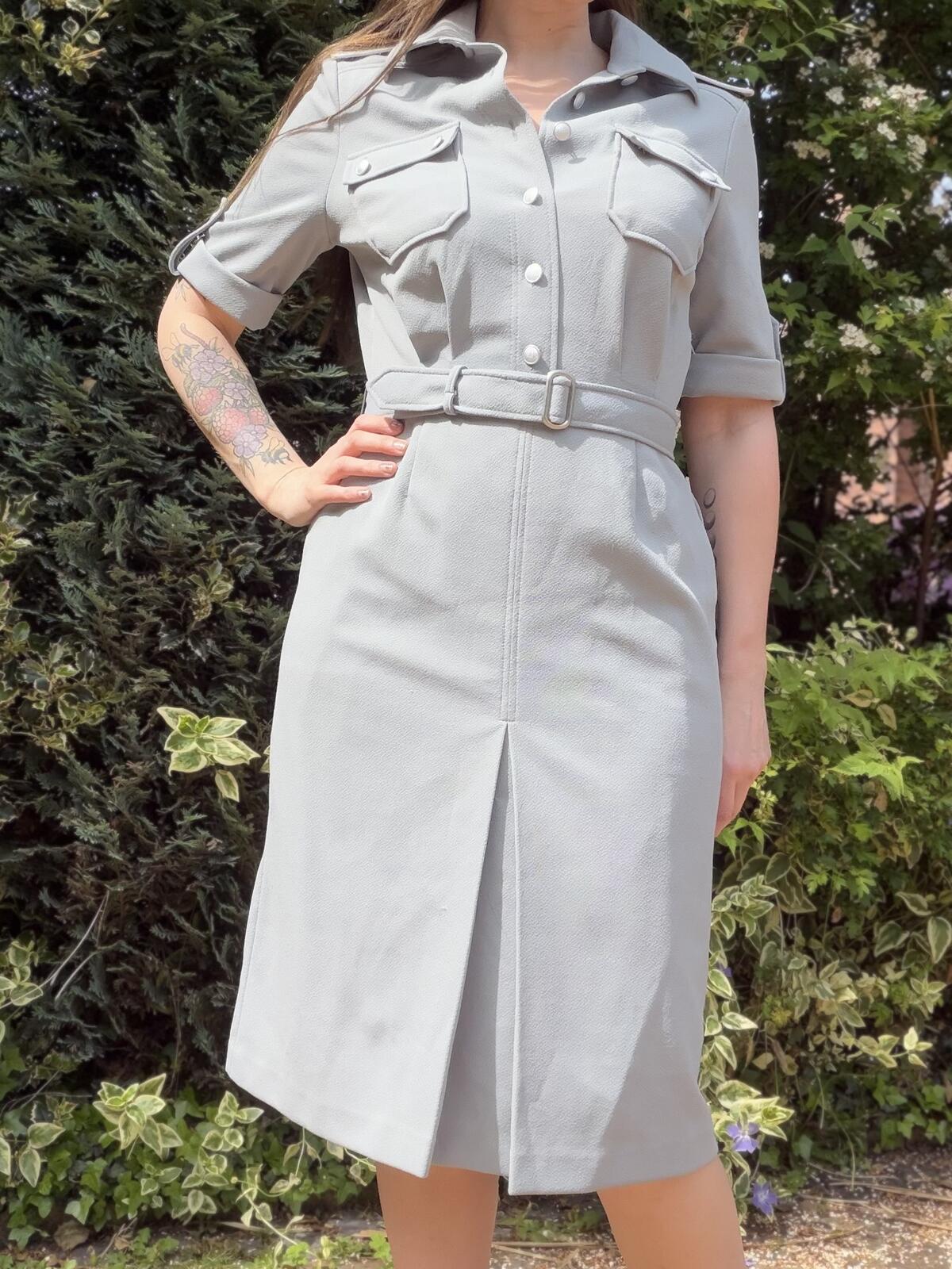 Vintage 1970s Shirt Dress Grey Belted Military Midi Dress with Pockets size 12