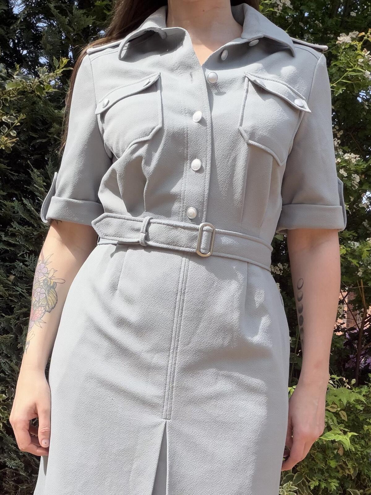 Vintage 1970s Shirt Dress Grey Belted Military Midi Dress with Pockets size 12