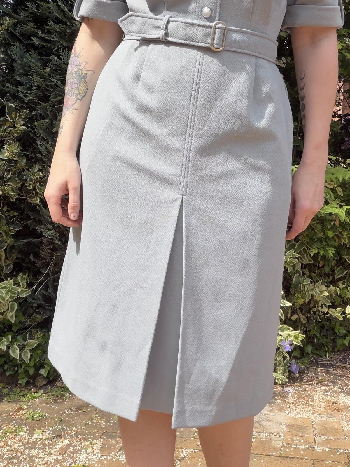 Vintage 1970s Shirt Dress Grey Belted Military Midi Dress with Pockets size 12