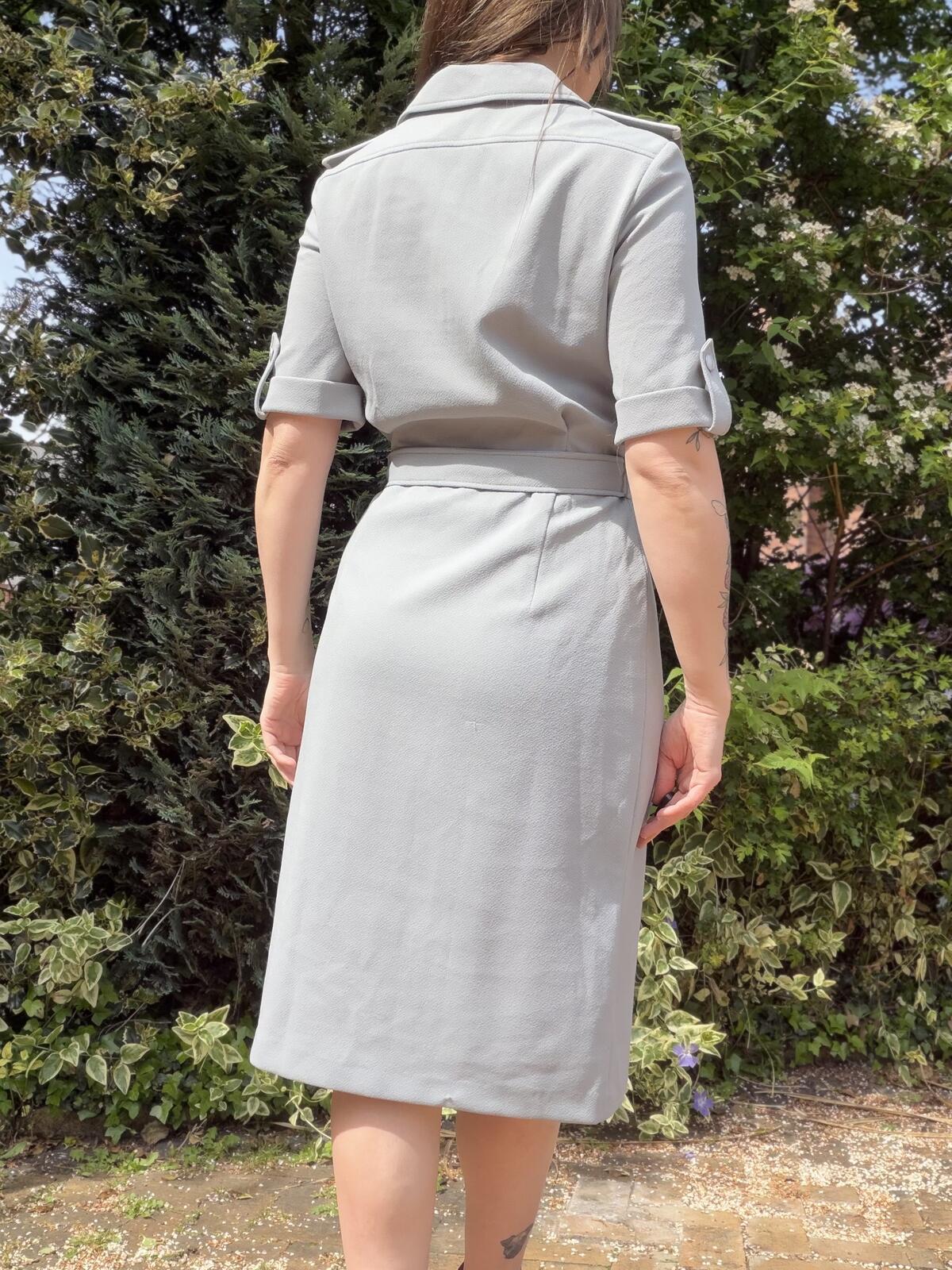 Vintage 1970s Shirt Dress Grey Belted Military Midi Dress with Pockets size 12